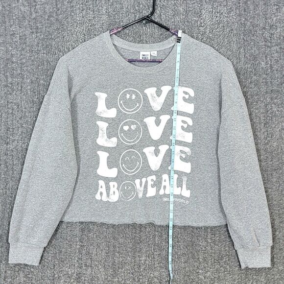 Smiley World Sweatshirt Womens XXL Gray Love Above All Oversized Crop Fleece - Picture 2 of 9